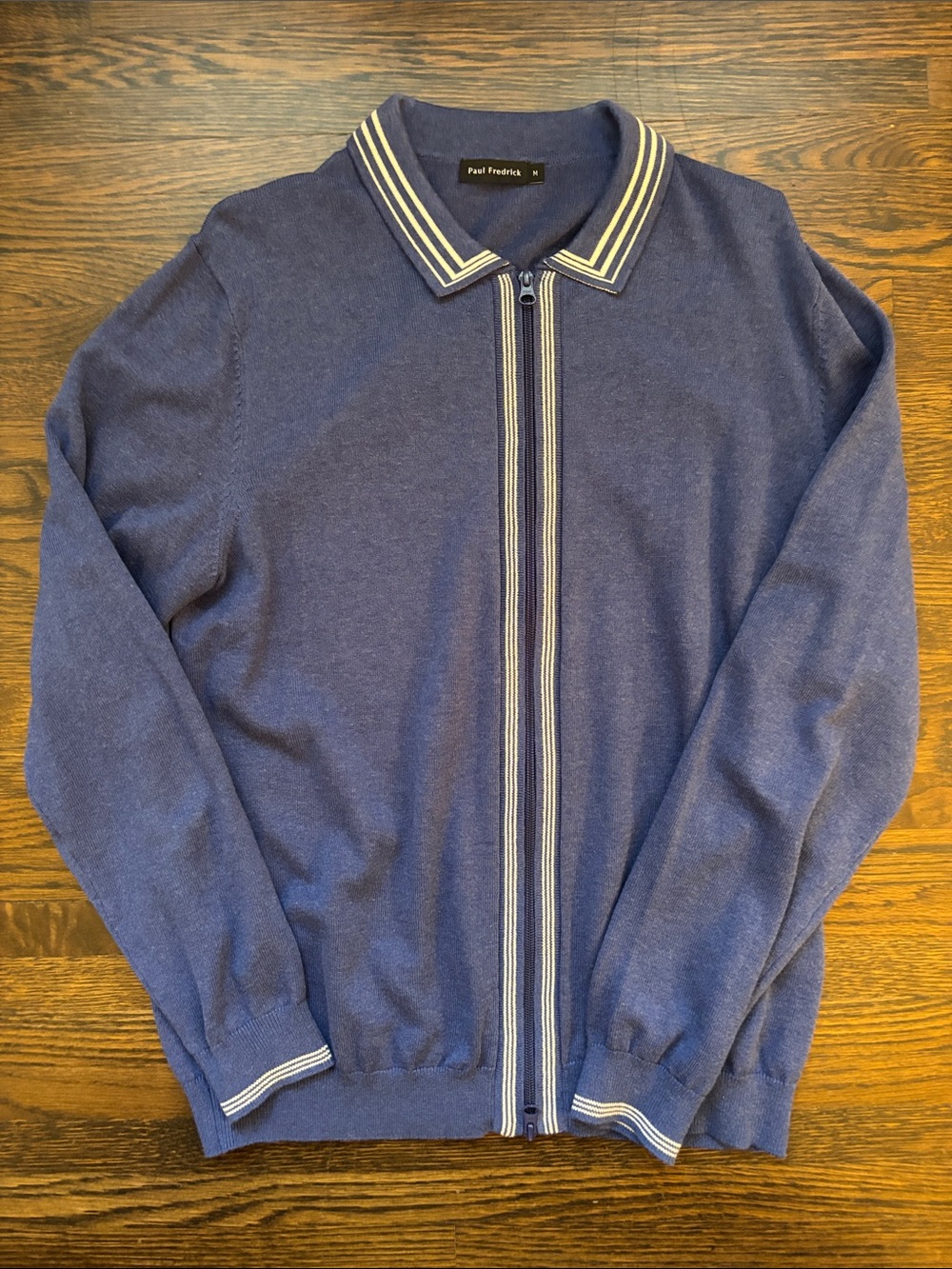 Paul Fredrick Navy Zip-Up Polo Sweater with White Stripe Trim